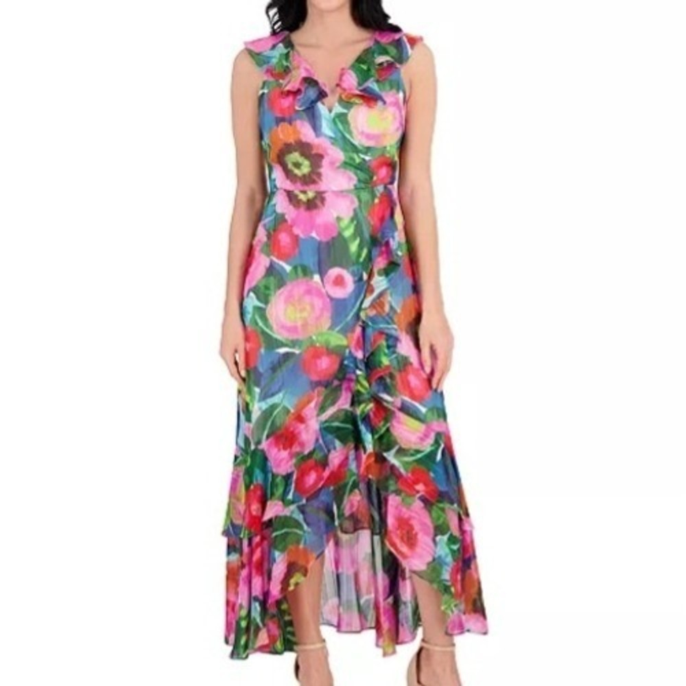 Kensie Printed Chiffon Ruffle Trim Maxi V Neck Sleeveless Dress Womens Size 6